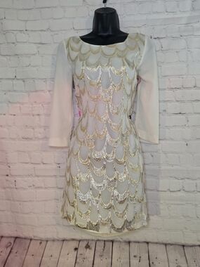 Under Skies White Mini Dress with Gold Sequin Scallops